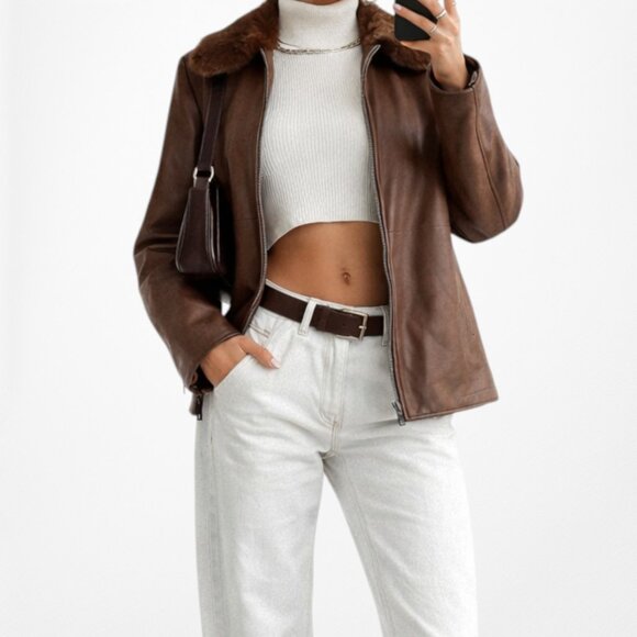 American Vintage Jackets & Blazers - Vintage Y2K Brown Rabbit Fur Genuine Leather Moto Jacket Coat Size L